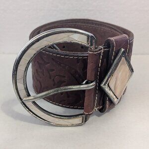 LOCOMOTIVE DOPPIA VITA Made in Italy MOP Inlay Tooled Brown Leather Belt Sz. 100